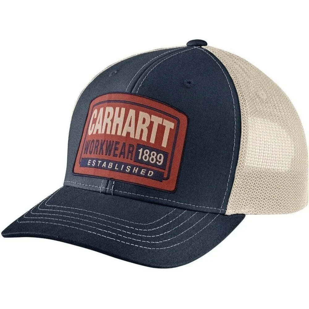 Men's Navy 100% Cotton Canvas Mesh-Back Workwear Patch Cap Hand Wash Only